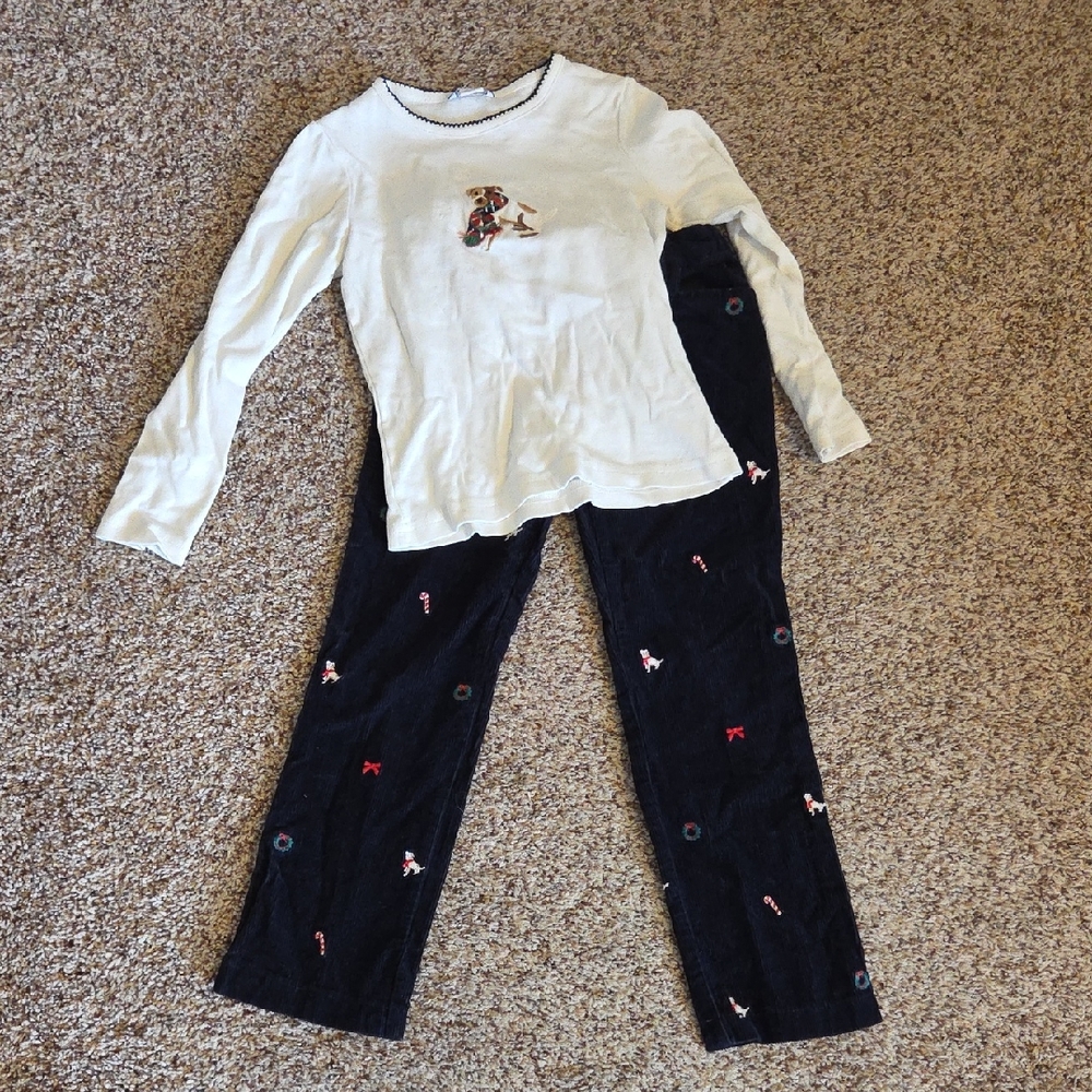 Hartstrings Cream and Black Kids Christmas Shirt and Matching Embroidered Pants